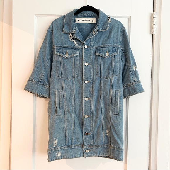 FILLES A PAPA Long Distressed Denim Jacket - Picture 7 of 7